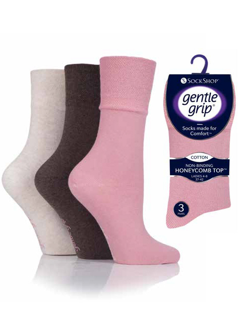 Ladies 3 Pair Pack Gentle Grip Socks in Coral, Coffee, Sand